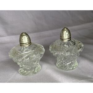 Vintage Irice NY Glass Cut Salt & Pepper Shakers Clear Silver Lids Unique Shape